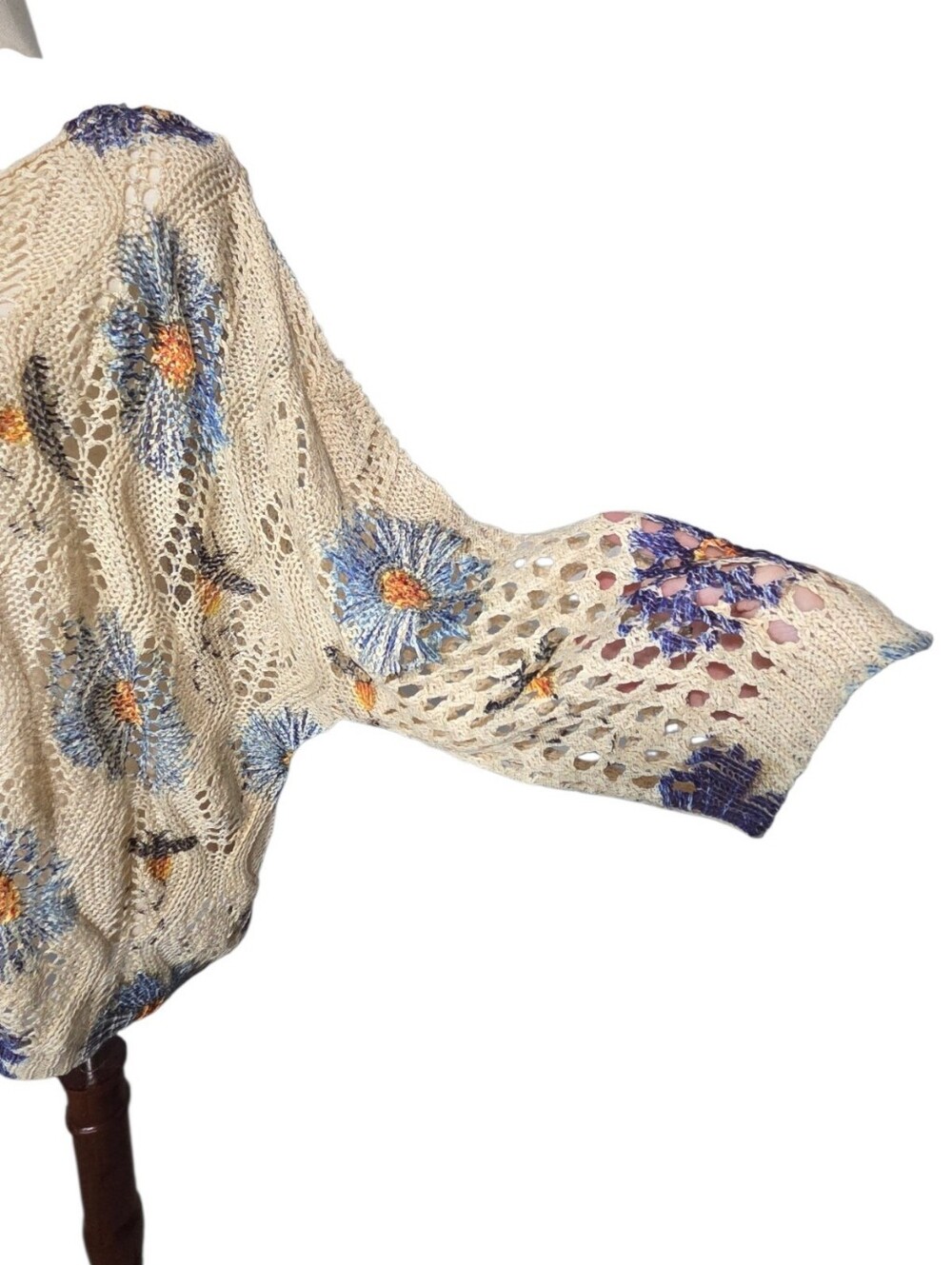 Cream Open Knit Sweater Blue Floral Print Oversized Lightweight Boho Summer Top - Picture 4 of 7